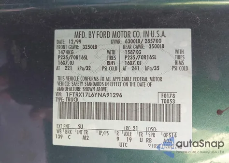 2000 Ford F-150 Lariat/Work Series/Xl/Xlt z USA, uszkodzony, nr VIN 1FTRX17L6YNA91296